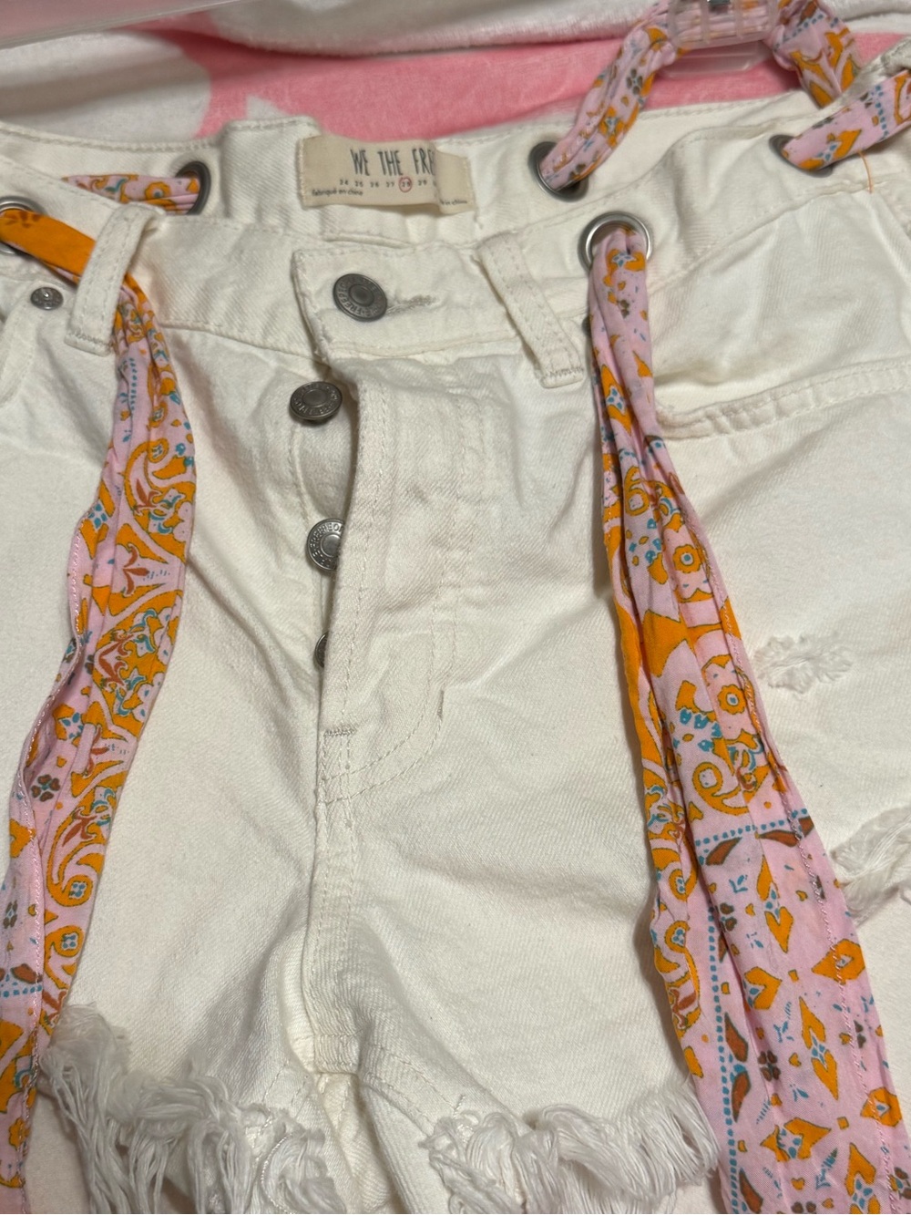 We The Free White High-Rise Denim Shorts with Pink & Orange Tie